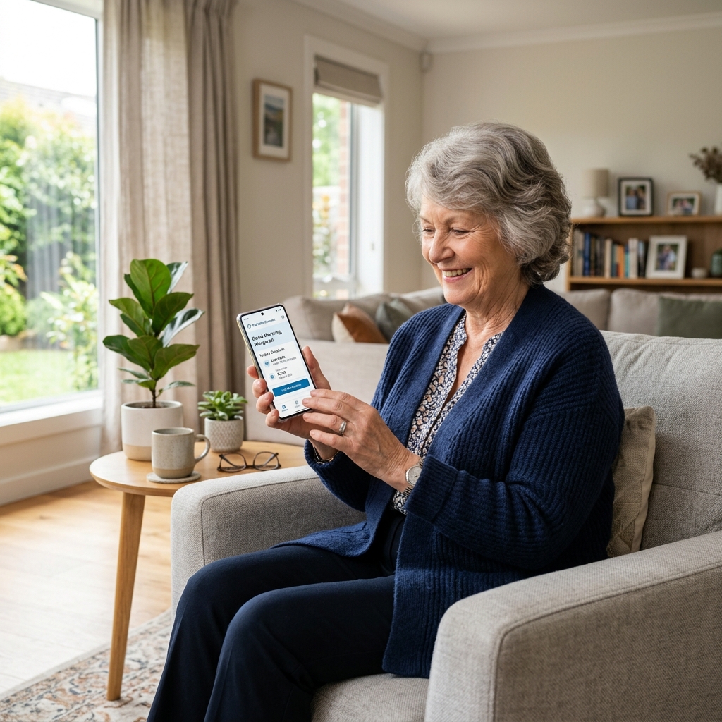 A patient viewing their WarfaRef reading on a smartphone in a bright living room.
