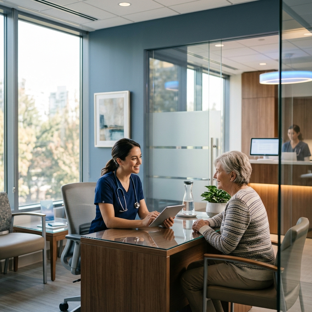 Clinician and patient interacting with digital health tablet